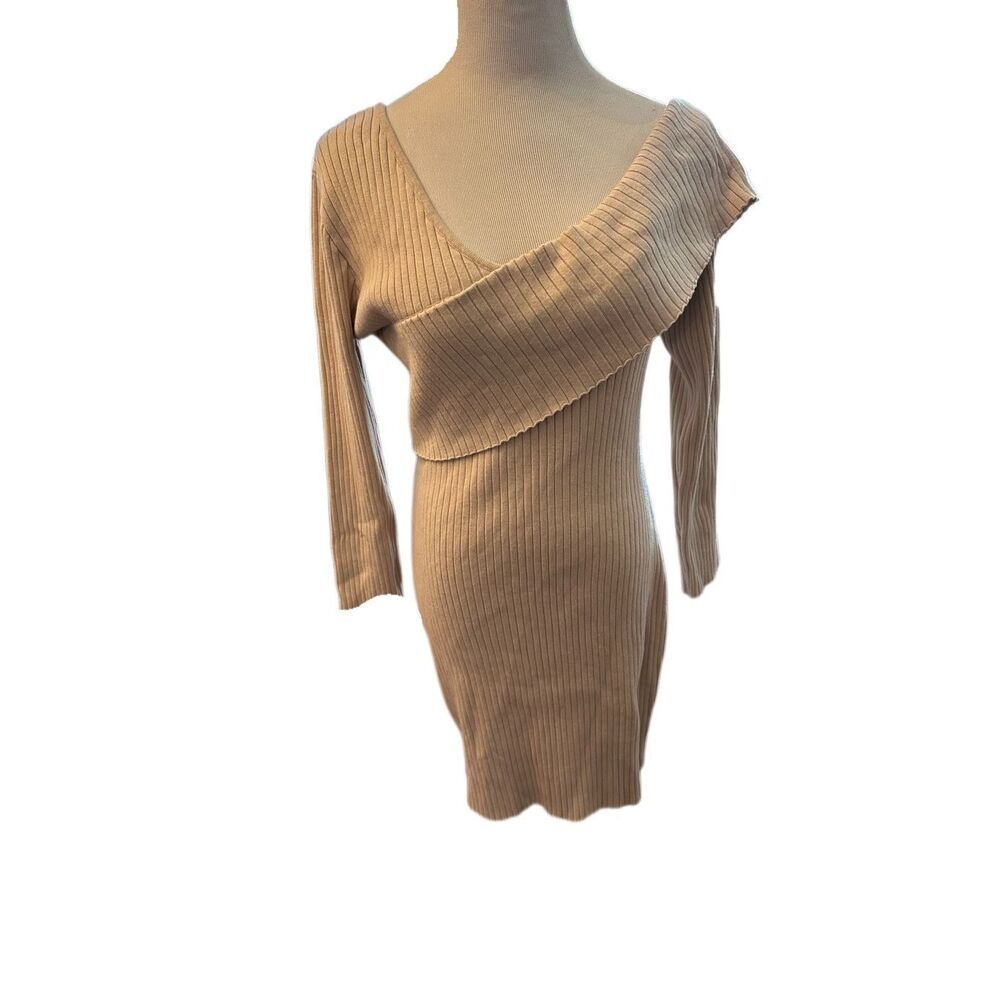 New! Express Beige along Sleeve Ribbed Sweater Mini Dress Sz XL